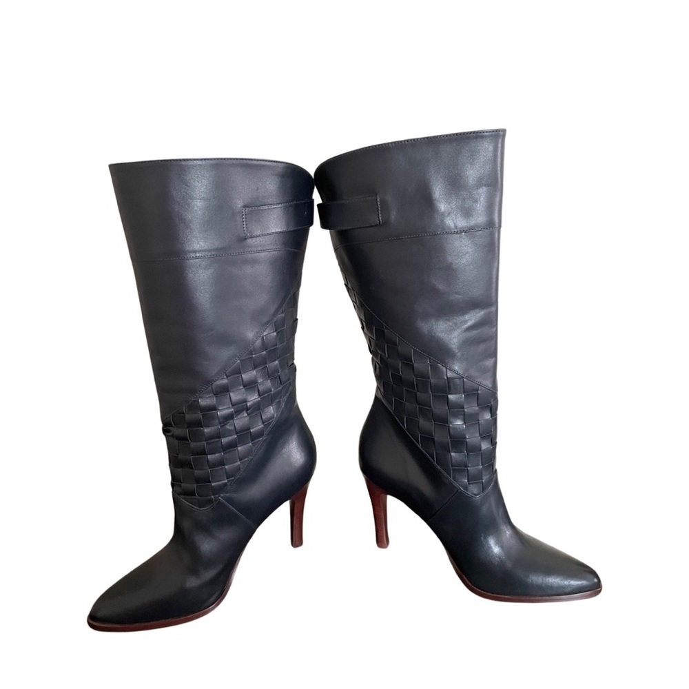 Madison Harding Navy Stiletto Woven Weave Inset Knee Boots Size 9